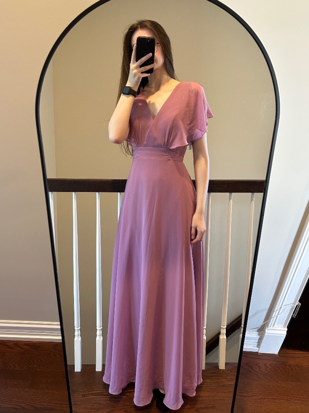 JJ’s House Dusty Rose Maxi Bridesmaid Dress Flutter Sleeve Formal Gown S/M
